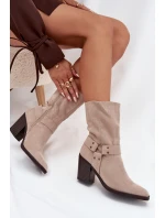 Dámské boty zateplené na podpatku s pásky a ozdobným detailem béžové Neria