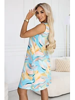 296-15 VICTORIA Trapézové letní šaty v barevných vlnách - citronově modré