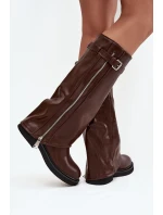 Dámské kozačky s ohrnovaným svrškem, sponou a stříbrným zipem, zateplené Bressa – hnědé