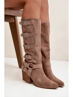 Dámské kozačky kovbojského stylu na podpatku s přezkami Fivelle – tmavě béžové
