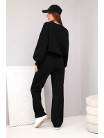 Dámský komplet máslová mikina s broží a kalhoty s rovnými nohavicemi černý