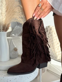 Dámské kožené boty s třásněmi na podpatku čokoládové Gralina