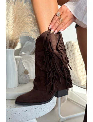 Dámské kožené boty s třásněmi na podpatku čokoládové Gralina