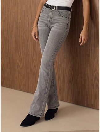 Dámské džíny s vysokým pasem a páskem, střih bootcut, šedé, FashionStreet UY3178 Dámské džíny s vysokým pasem a páskem, střih bootcut, šedé, FashionStreet UY3178