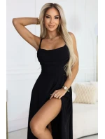 589-5 Maxi šaty bez ramínek s korzetovým zavazováním na zádech a rozparkem - černé 589-5 Maxi šaty bez ramínek s korzetovým zavazováním na zádech a rozparkem - černé