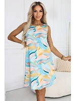 296-15 VICTORIA Trapézové letní šaty v barevných vlnách - citronově modré
