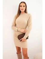 Dámská svetrková šaty s polo límcem z měkké alpaky tmavě béžová