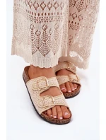 Háčkované dámské pantofle se zlatými přezkami béžové Fenira