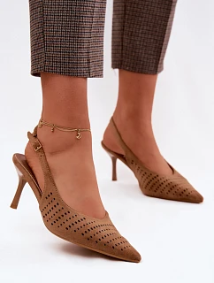 Dámské síťované sandály na podpatku z imitace semiše světle hnědé Torielle