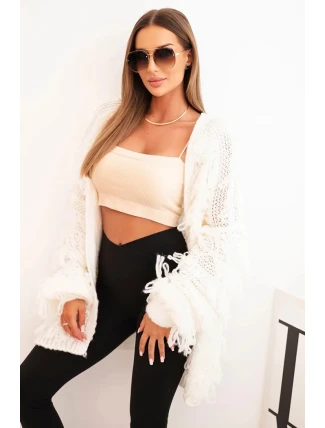 Dámský cardigan s třásněmi a volným střihem ecru