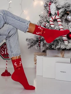 Dámské vánoční ponožky s motivem soba – červené