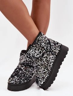 Dámské sněhule na platformě zdobené flitry černo-stříbrné Silmo