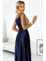 299-12 CHIARA elegantní maxi dlouhé saténové šaty bez ramínek - ZELENÉ