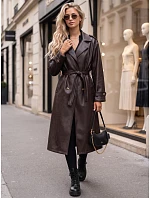 Dlouhý dámský dvouřadý kabát s páskem, tmavě hnědý, FashionStreet NY0781