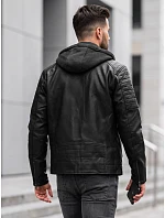 Pánská kožená zateplená bunda s kapucí, černá, FashionStreet TX5143 Pánská kožená zateplená bunda s kapucí, černá, FashionStreet TX5143