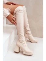 Upnuté kozačky nad kolena na podpatku jasně béžové Sanniraen