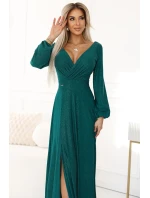 572-4 NELA třpytivé dlouhé šaty s výstřihem, dlouhými rukávy a rozparkem na nohou - BUTTER GREEN