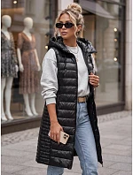 Dlouhá dámská prošívaná vesta s kapucí, černá, FashionStreet TY5260 Dlouhá dámská prošívaná vesta s kapucí, černá, FashionStreet TY5260