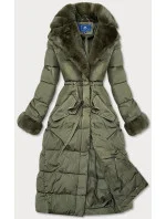 Dlouhá zimní bunda v barvě khaki s kožešinovým límcem (j9-071)