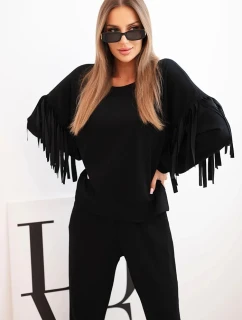 Dámský komplet máslový s třásněmi na rukávech černý