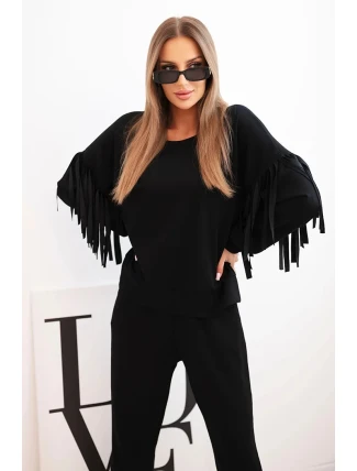 Dámský komplet máslový s třásněmi na rukávech černý