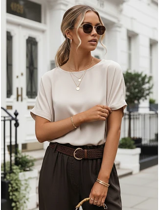 Dámská oversize blůza z viskózy s krátkými rukávy, béžová, FashionStreet RY2927 Dámská oversize blůza z viskózy s krátkými rukávy, béžová, FashionStreet RY2927