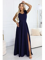 643-4 Elegantní večerní maxi šaty s rozparkem a růžemi - tmavě modré