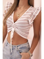 Dámská pruhovaná blůza se sklady a volánky tmavě růžová