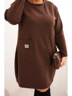 Dámské šaty Plus Size máslo s kapsou a rukávem 3/4 hnědá