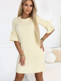 217-12 NEVA Dámské trapézové šaty s vázáním na rukávech - pastelově žluté
