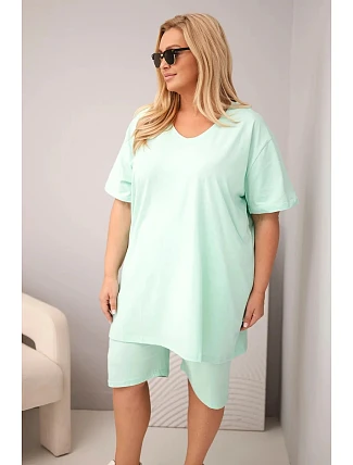 Dámský bavlněný komplet Plus Size s halenkou a šortkami mátový Dámský bavlněný komplet Plus Size s halenkou a šortkami mátový