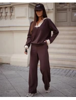 Dámský komplet v čokoládové barvě - mikina se stojáčkem a široké kalhoty s kapsami (VE107)