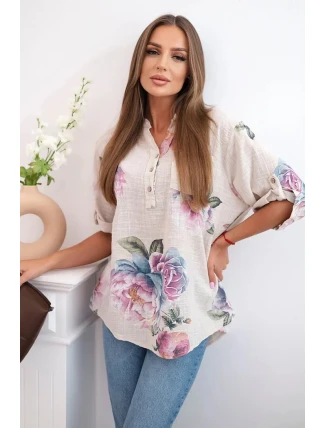 Dámská bavlněná halenka s květinovým vzorem béžový