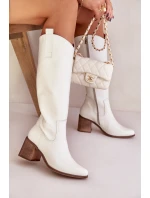 Kožené Holinky Před Kolena Na Podpatku Bílé Zazoo 3675