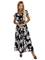 LISA - Plisované dámské midi šaty s výstřihem, volánky a se vzorem broskvových květů na černém pozadí 434-1