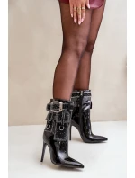 Zdobené Kotníkové Boty Z Lakované Eko Kůže Na Jehlovém Podpatku Černé Zdobené Kotníkové Boty Z Lakované Eko Kůže Na Jehlovém Podpatku Černé