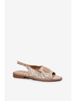 Kožené Sandály S Dekorací Na Plochém Podpatku S.Barski KV51-096 Zlaté Kožené Sandály S Dekorací Na Plochém Podpatku S.Barski KV51-096 Zlaté