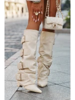 Dámské kozačky na sloupkovém podpatku s ohrnovaným svrškem a zlatými přezkami Isavelle – světle béžové