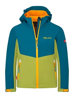 Trollkids Kristiansand Softshellová bunda hruškově zelená/laguna zelená/sluncová Sahara (320-360)