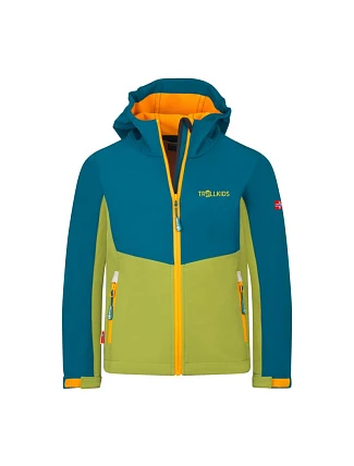 Trollkids Kristiansand Softshellová bunda hruškově zelená/laguna zelená/sluncová Sahara (320-360)