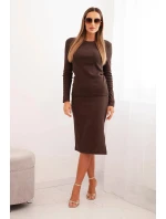 Dámský komplet bavlněný pruhovaný top a tužková sukně hnědý