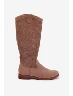 Dámské kozačky s krajkovým vzorem na plochém podpatku S.Barski HY61-8022 Béžové