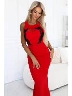 617-3 Dlouhé šaty ve tvaru mořské panny s černou krajkou a síťovinou - ČERVENÉ 617-3 Dlouhé šaty ve tvaru mořské panny s černou krajkou a síťovinou - ČERVENÉ