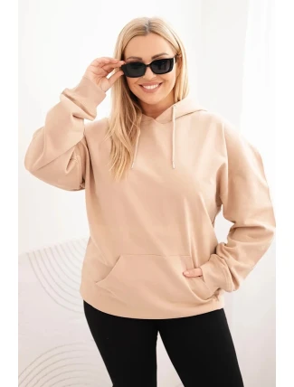 Dámská mikina s kapucí a klokankou Plus Size z bavlny béžová
