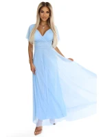 562-5 NASTIA Dlouhé šaty s výstřihem a krátkými rukávy - MODRÉ