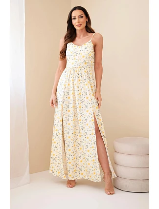 Dámské maxi šaty s květinovým vzorem na ramínkách se zavazováním na zádech žlutá