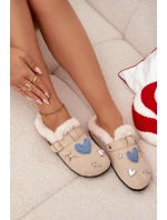 Dámské pantofle s ozdobami a sponou zateplené kožešinou béžové Thalora