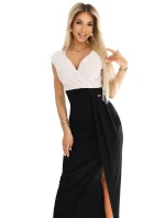 451-3 Třpytivé šaty s krátkými rukávy, výstřihem a rozparkem na nohou - černé a béžové s třpytkami