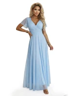 635-6 MELANIA dlouhé třpytivé svatební šaty s výstřihem a krátkými rukávy - modré