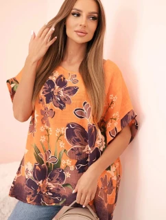 Dámská bavlněná blůza s květinovým potiskem a krátkým rukávem oranžová